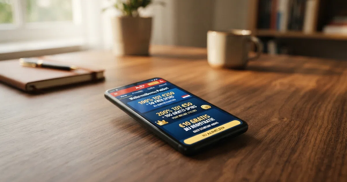 Een overzicht van online casino bonusaanbiedingen op een laptopscherm, met een Nederlandse casino-interface en verschillende welkomstbonussen in beeld