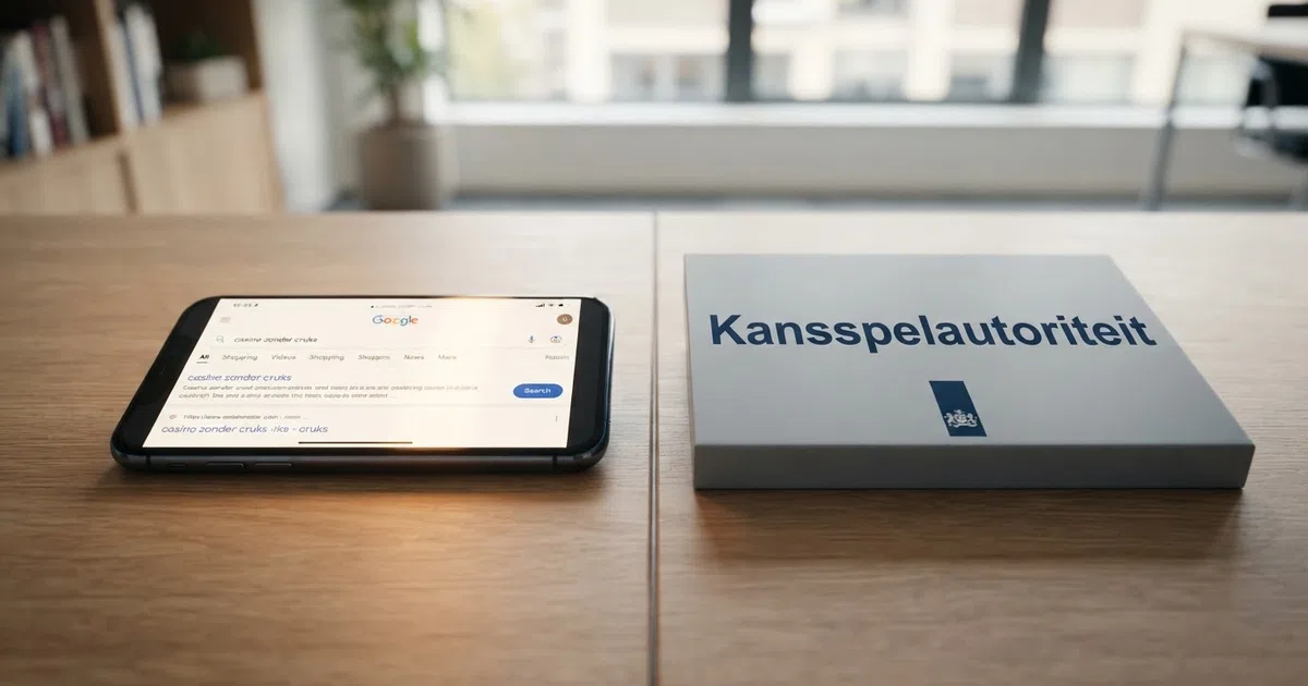 Een gesplitst beeld: links een smartphone met een zoekbalk waarin “casino zonder cruks” is ingetypt, rechts het KSA-logo op een vergunningsdocument — de visuele spanning tussen de zoekopdracht en de legale realiteit.