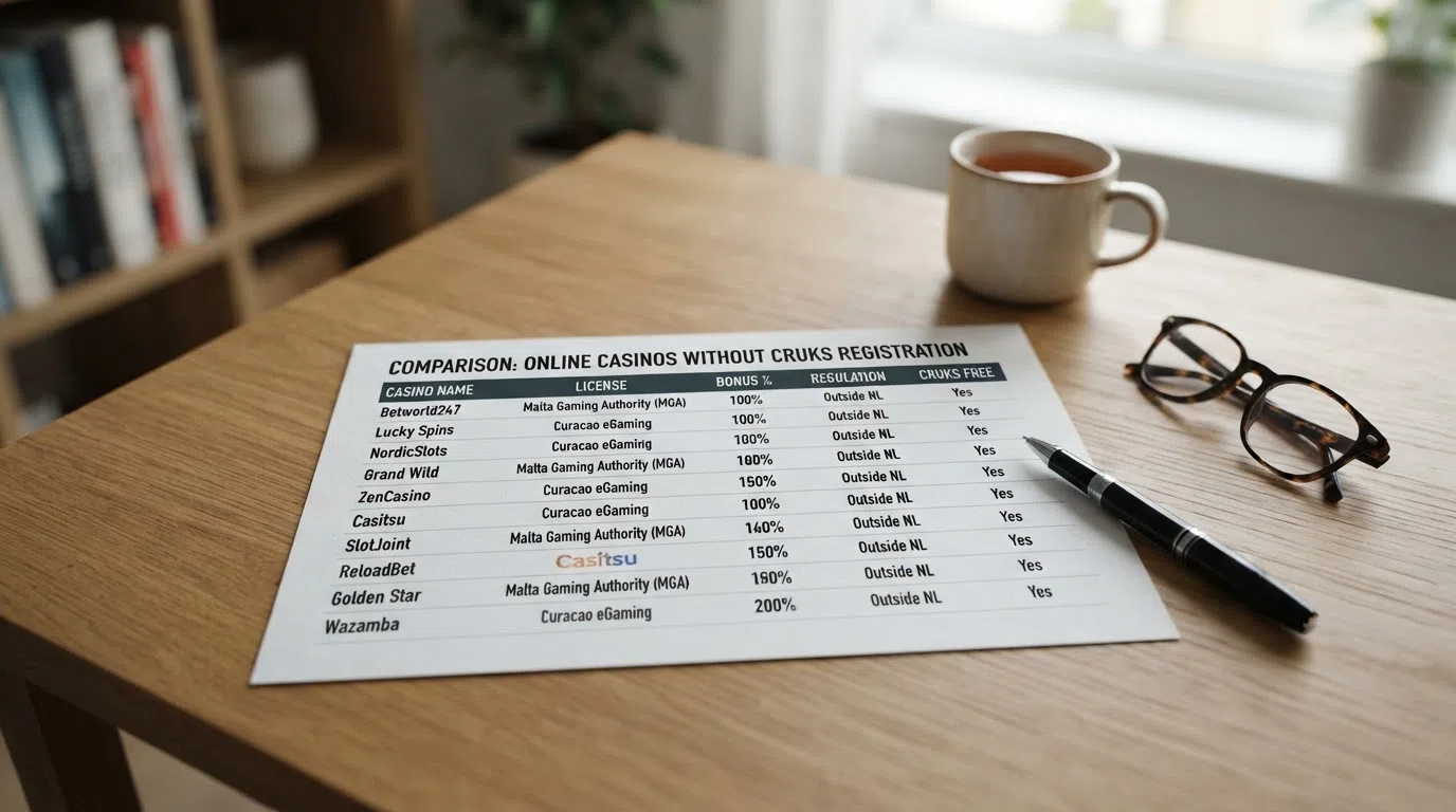 Een overzichtelijke vergelijkingstabel met de namen, licenties en bonuspercentages van tien online casino's zonder Cruks-registratie