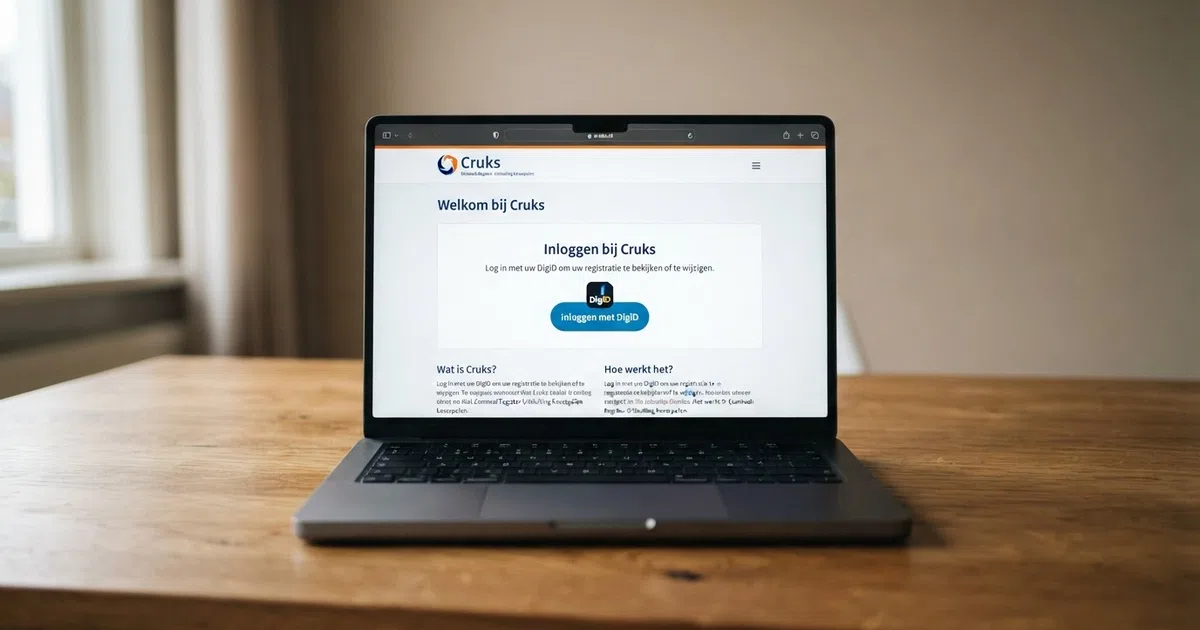Een laptopscherm met de startpagina van het officiële Cruks-portaal, het officiële portaal voor het Centraal Register Uitsluiting Kansspelen
