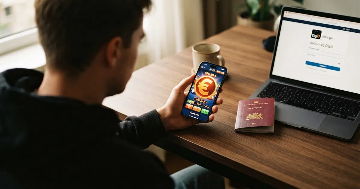 Een Nederlandse speler kijkt naar een smartphone met een casino-app terwijl op de achtergrond een paspoort en DigiD-inlogscherm zichtbaar zijn — de spanning tussen anoniem willen spelen en de realiteit van ID-controle