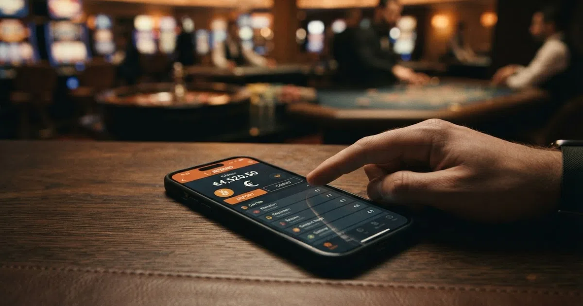 Conceptuele weergave van anoniem online gokken zonder identiteitscontrole — een scherm met een cryptowallet-interface en casinospelen op de achtergrond