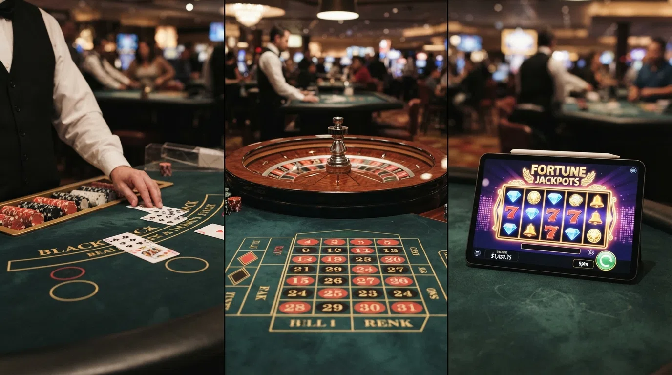 Drie casinospelen naast elkaar weergegeven: een blackjacktafel, een roulettewiel en een online gokkast met RTP-informatie