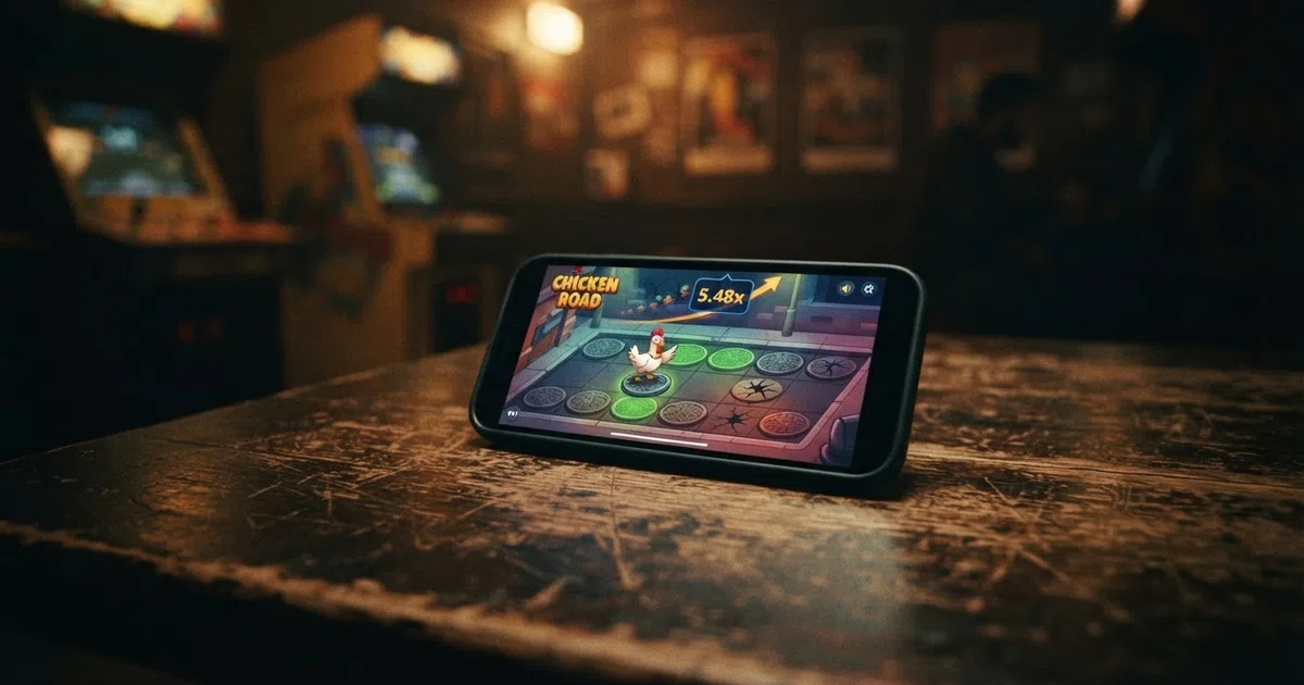 Een screenshot van het Chicken Road-spelvenster met een kip die over een rij putdeksels loopt terwijl de multiplier oploopt