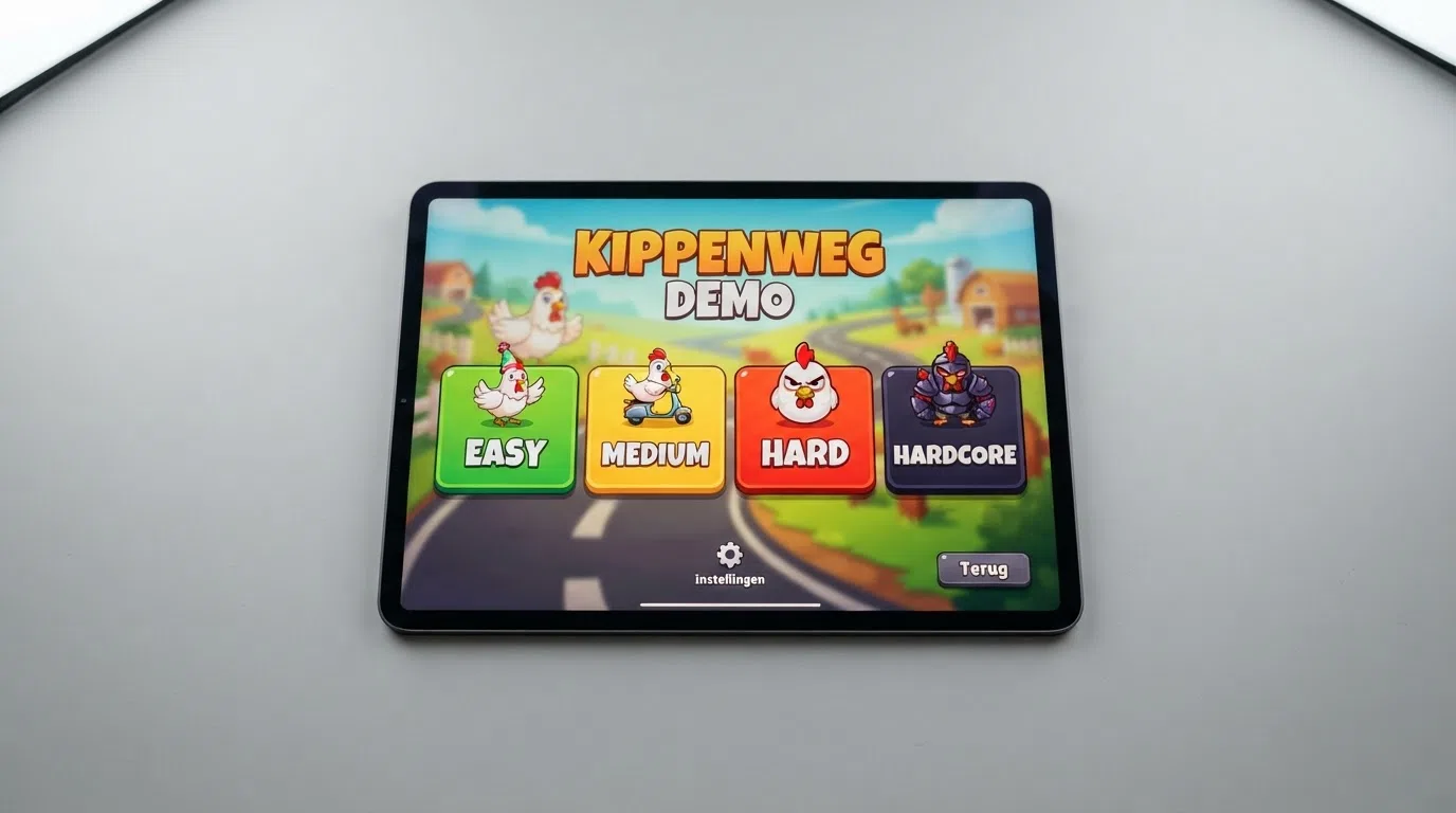 Het keuzescherm van de Chicken Road-demo met de vier moeilijkheidsgraden Easy, Medium, Hard en Hardcore onder elkaar