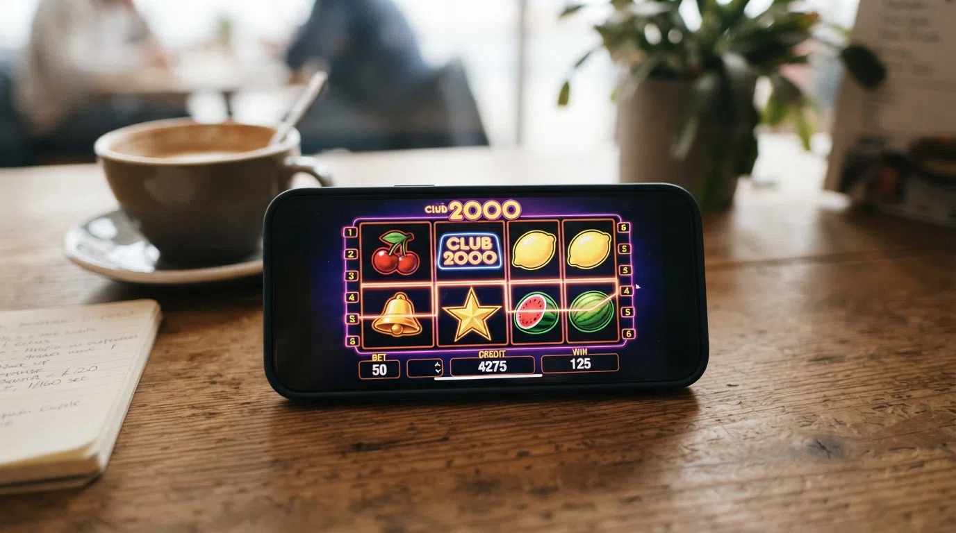 De Club 2000 gokkast van Stakelogic spelend op een smartphone, met de Twin Player-weergave in portretmodus en touchscreen-bediening.