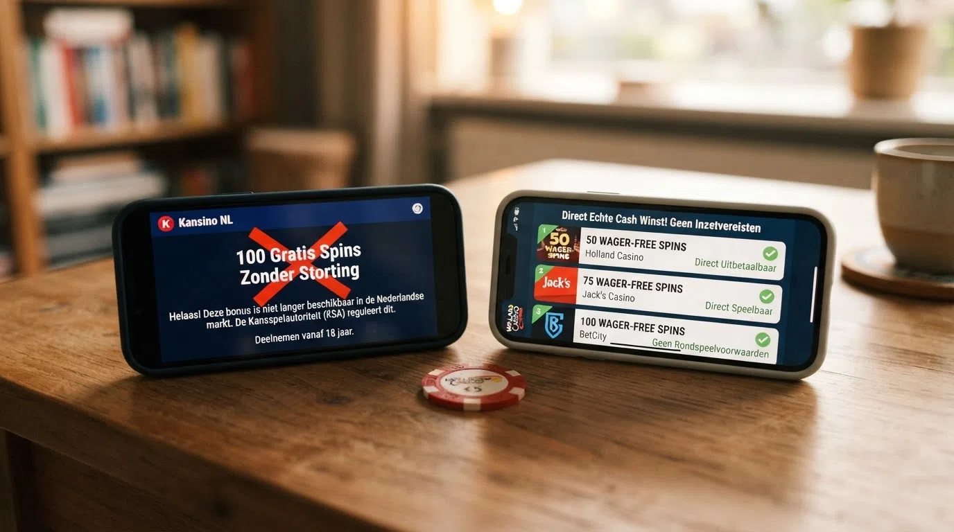 Een samenvattend beeld: links een doorgestreepte “100 spins zonder storting”, rechts drie wél beschikbare wager-free aanbiedingen met groen vinkje.