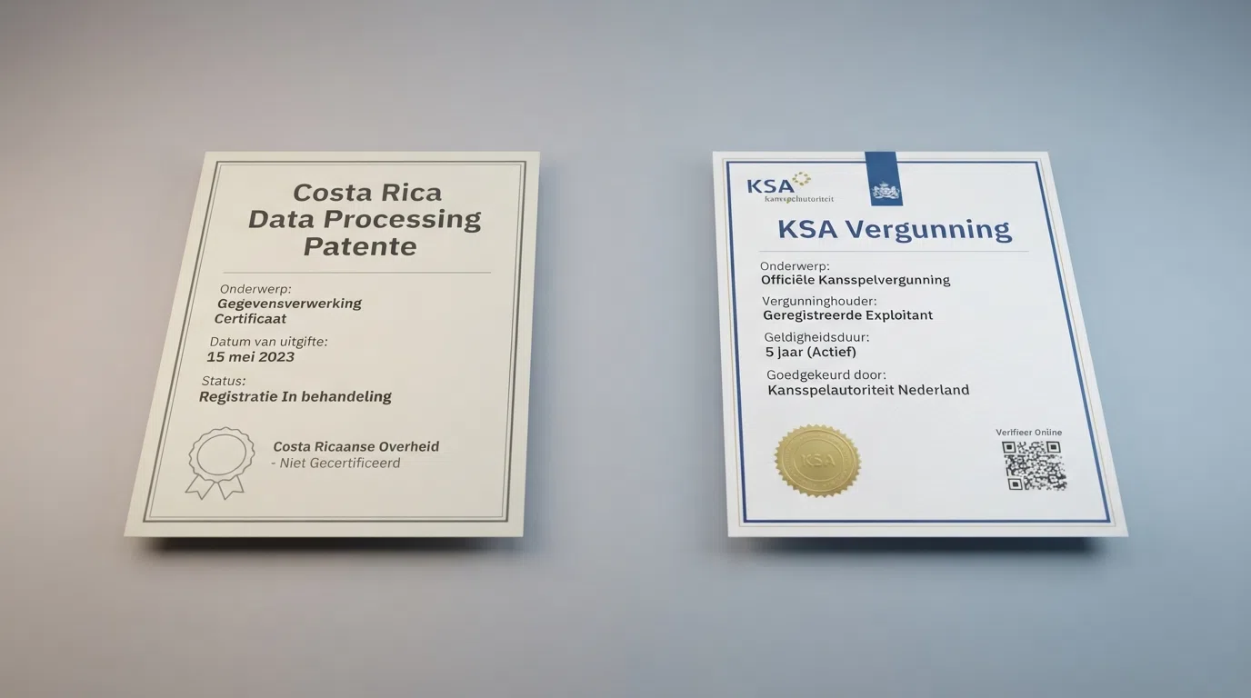 Een zij-aan-zij-vergelijking van een Costa Ricaans bedrijfsregistratiedocument en het Nederlandse KSA-vergunninglogo