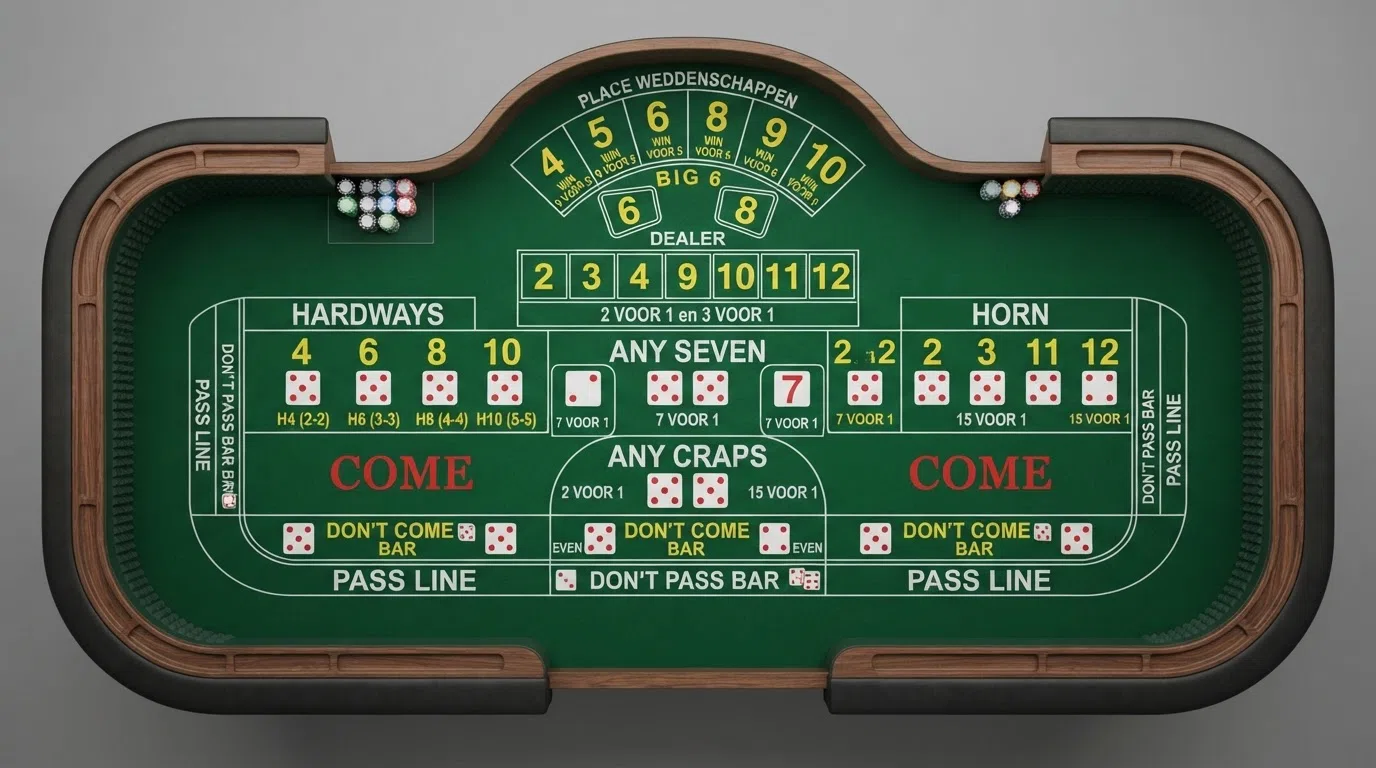 Een overzichtsfoto van een volledige craps tafel met alle inzetvakken — Pass Line, Don't Pass, Come, Field, Place bets en het middenvak met Hardways — zoals die in het online casino wordt weergegeven