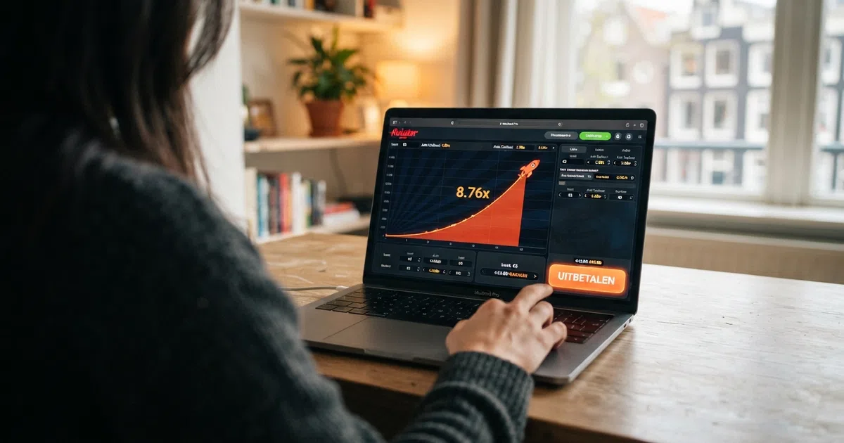Een crash game-interface op een laptopscreen met een stijgende multiplierlijn en een cashout-knop in een Nederlands online casino