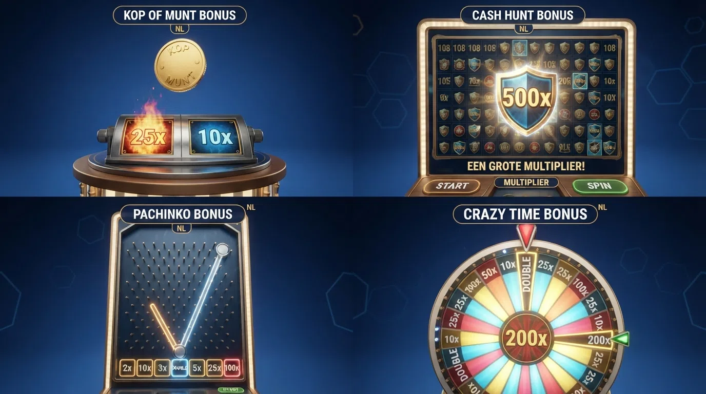 Een montage van de vier Crazy Time-bonusspellen in actie: het Coin Flip-muntstuk met twee multipliers, het Cash Hunt-scherm met 108 vermomde symbolen, de Pachinko-puck die door een prikbord valt en het driedubbele Crazy Time-rad