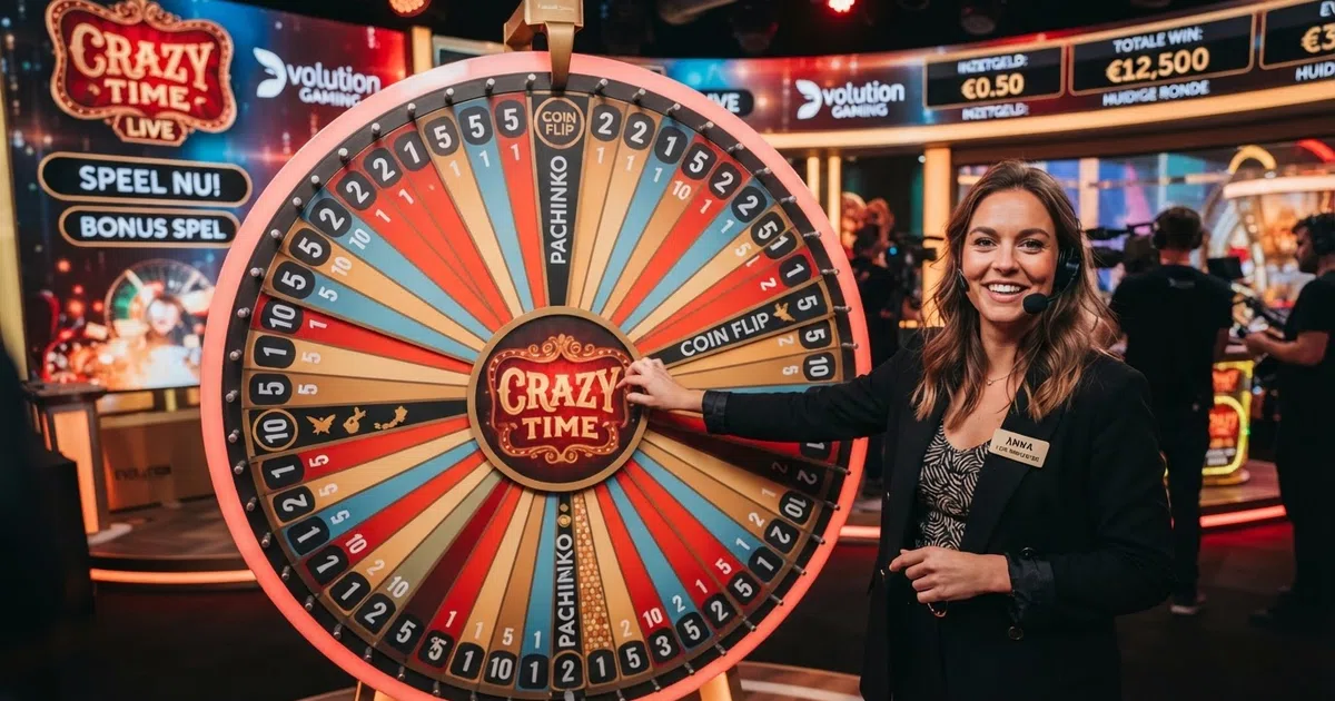 Een close-up van het Crazy Time-rad van Evolution Gaming in de live studio, met de presentator achter het rad en de 54 gekleurde segmenten zichtbaar — nummers 1, 2, 5 en 10 en de vier bonusvakken