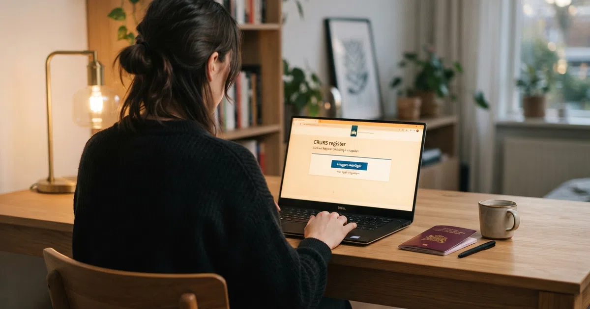 Een laptop toont het CRUKS-register-inlogscherm met een DigiD-inlogknop, een Nederlands paspoort ligt ernaast op een bureau