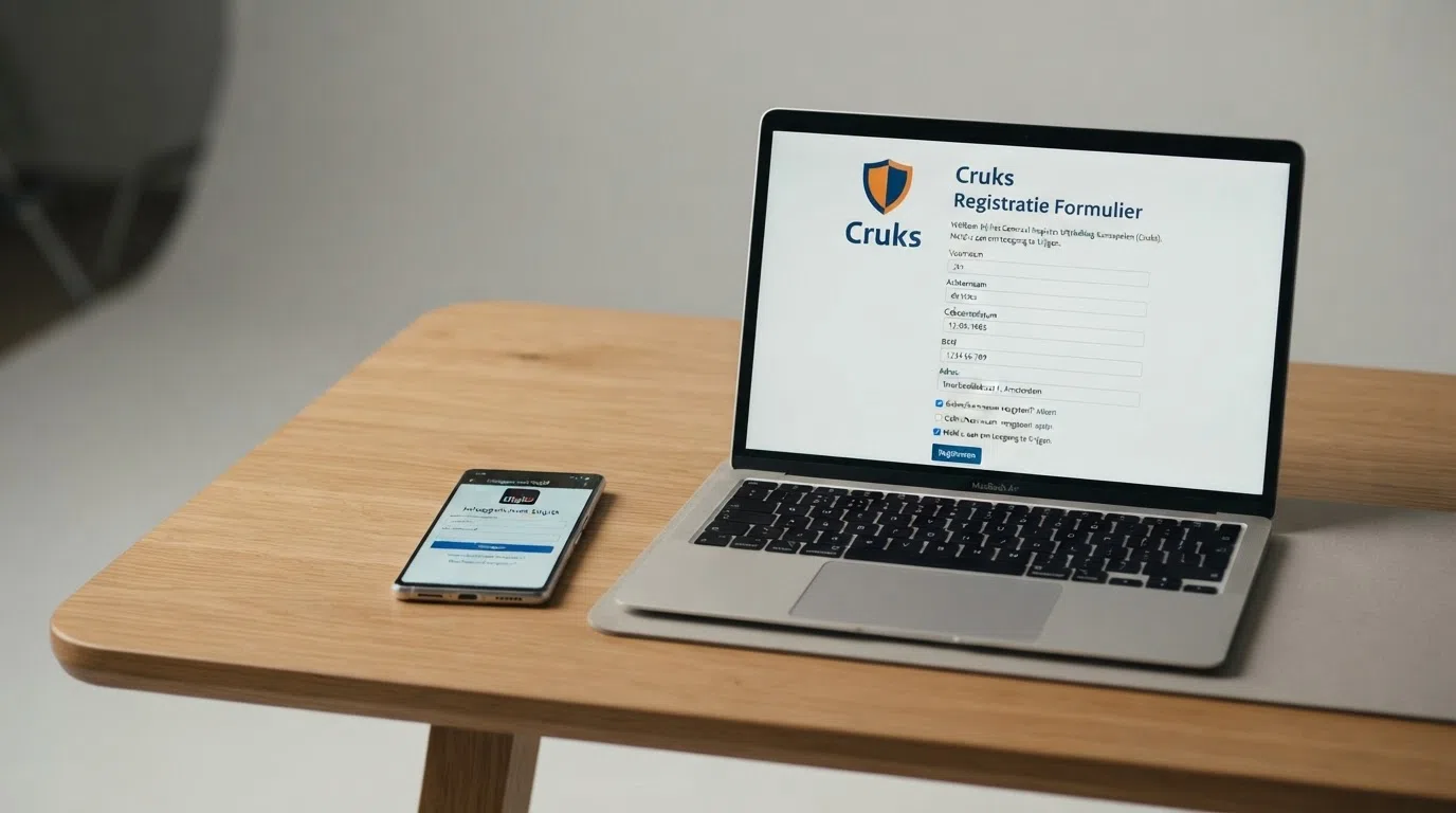 Het DigiD-inlogscherm naast het invulformulier voor een Cruks-inschrijving op een beeldscherm