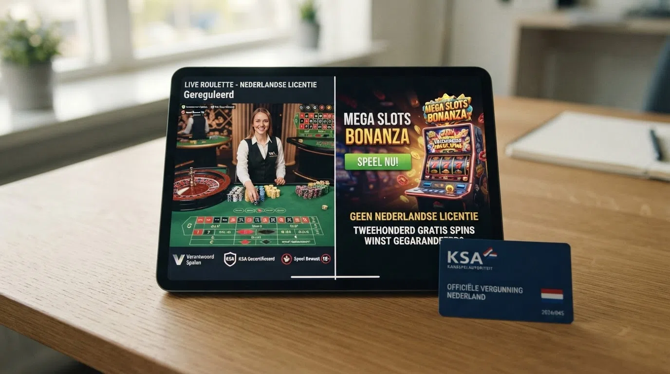 Een screenshot of illustratie die het verschil toont tussen een KSA-vergunde casino-interface met CRUKS-integratie en een buitenlandse casino-site zonder Nederlands keurmerk