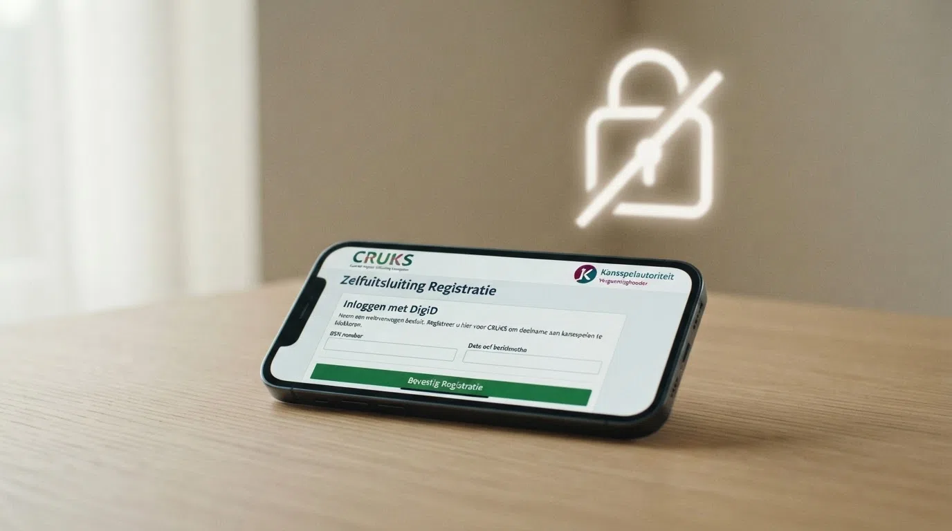 Een smartphone met de CRUKS-inschrijfpagina en een KSA-logo, met op de achtergrond een doorgestreept slot dat 'geblokkeerd' aangeeft