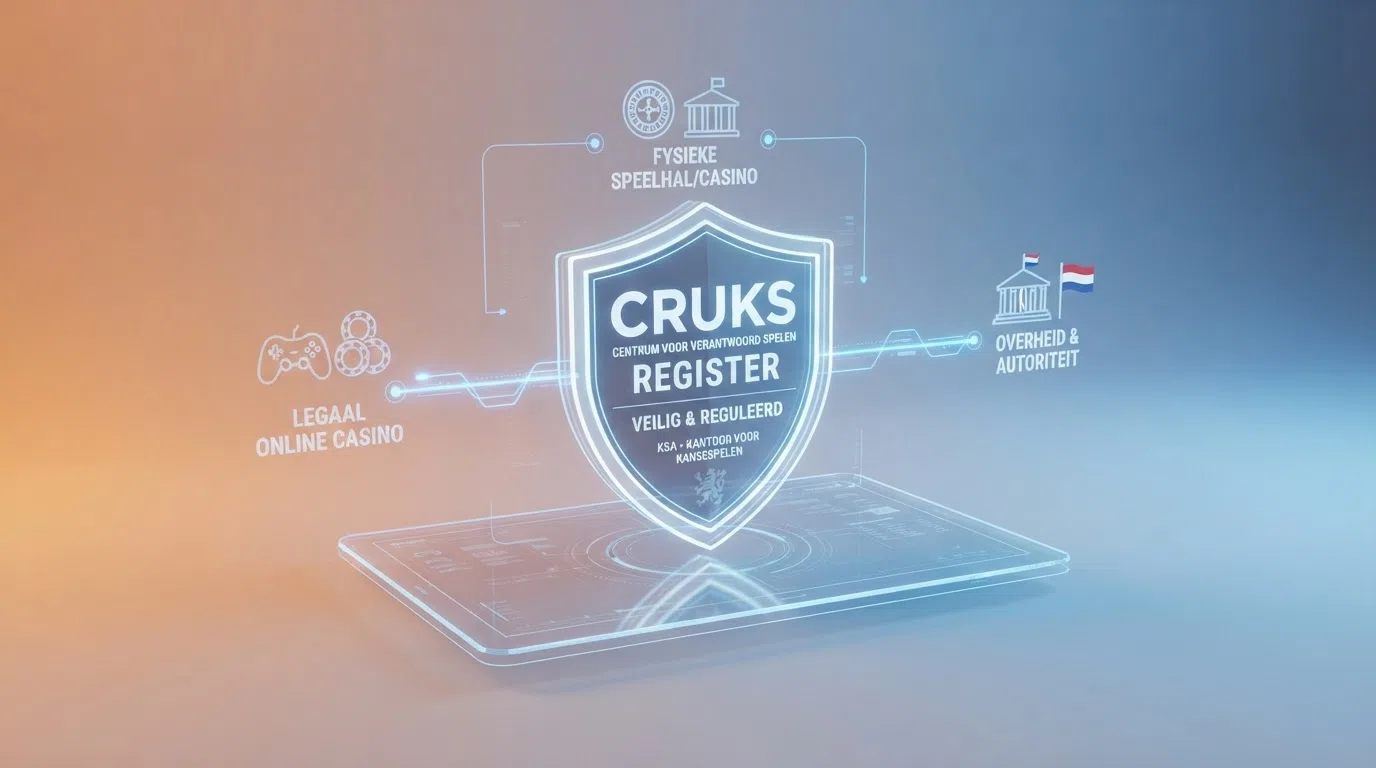 Een schematische weergave van het Cruks-register met pijlen die de verplichte controle door casino's laten zien voordat een speler toegang krijgt