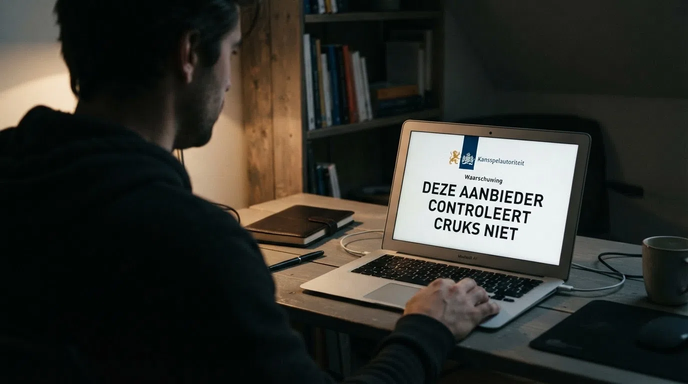 Een waarschuwingsscherm met de tekst “Deze aanbieder controleert Cruks niet” naast het logo van de Kansspelautoriteit