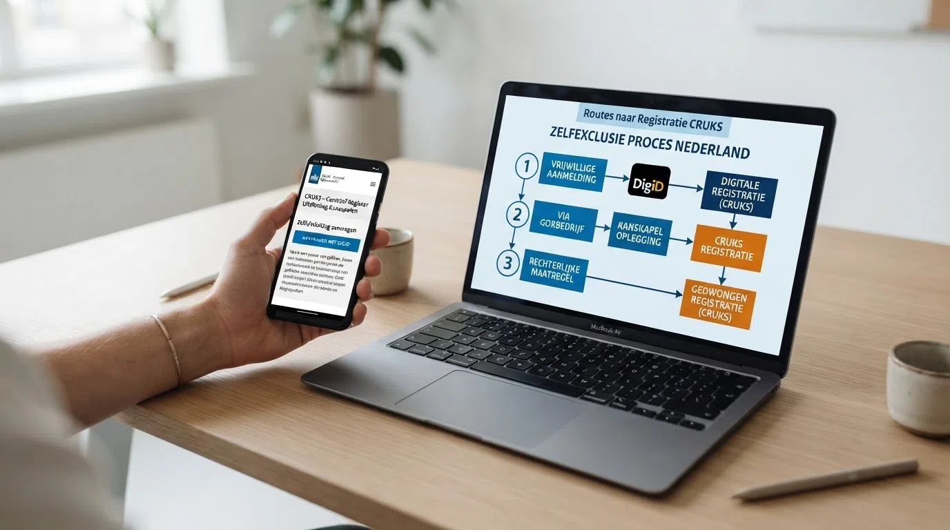 Een vereenvoudigd stroomschema dat de drie routes naar CRUKS-registratie toont: vrijwillig, via de operator en via de rechter