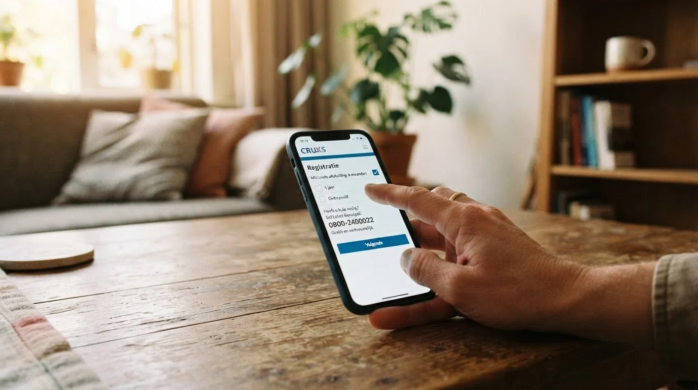 Een smartphone toont het CRUKS-inschrijfformulier met een vinkje bij 'minimale uitsluiting: 6 maanden' en daaronder het Loket Kansspel-nummer