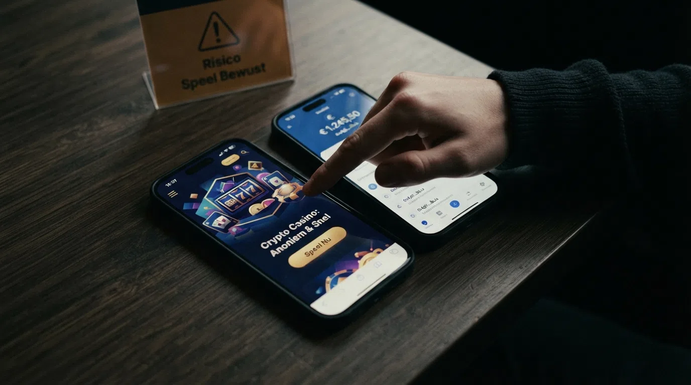 Een cryptocurrency-wallet op een smartphone naast het logo van een crypto-casino zonder KYC-verificatie — op de achtergrond een waarschuwingsicoon