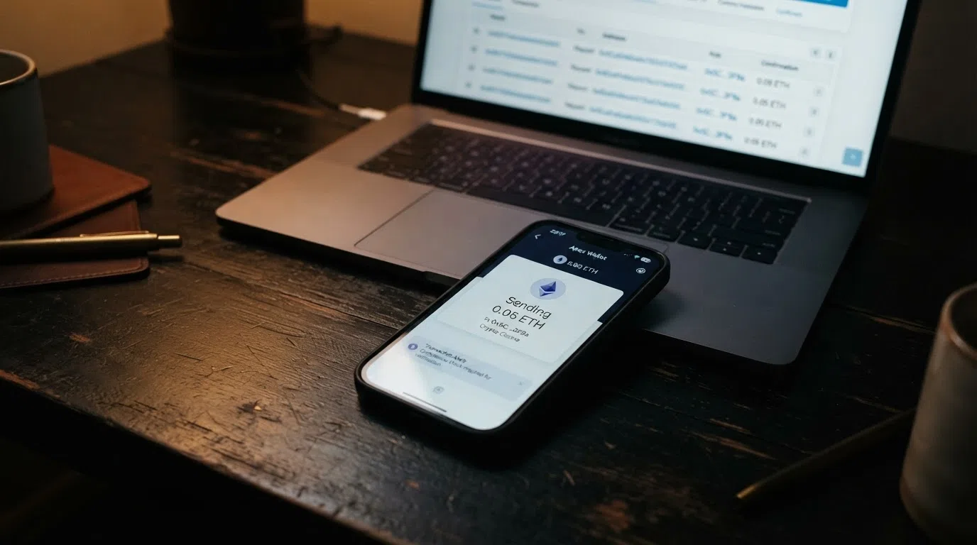 Bitcoin- en Ethereum-symbolen naast een 'KYC vereist'-melding op een casino-opnamescherm, met op de achtergrond een blockchain-explorer die een transactie toont