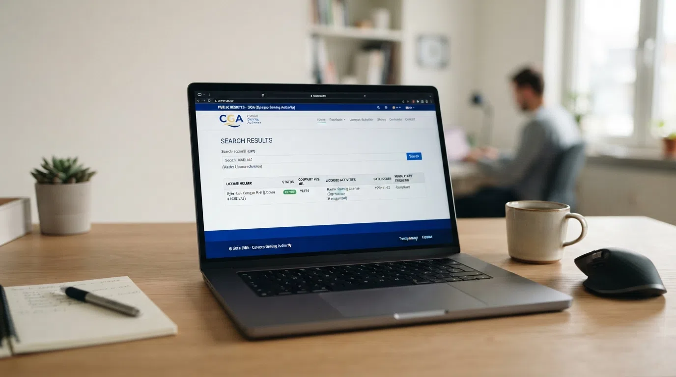 Het zoekscherm van het CGA openbaar register met een actieve licentieweergave