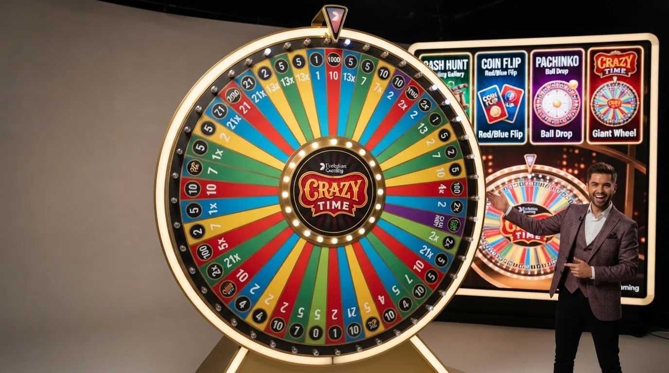 Het kleurrijke Crazy Time-geldrad van Evolution Gaming met de presentator in beeld en de vier bonusrondes zichtbaar op het studioscherm
