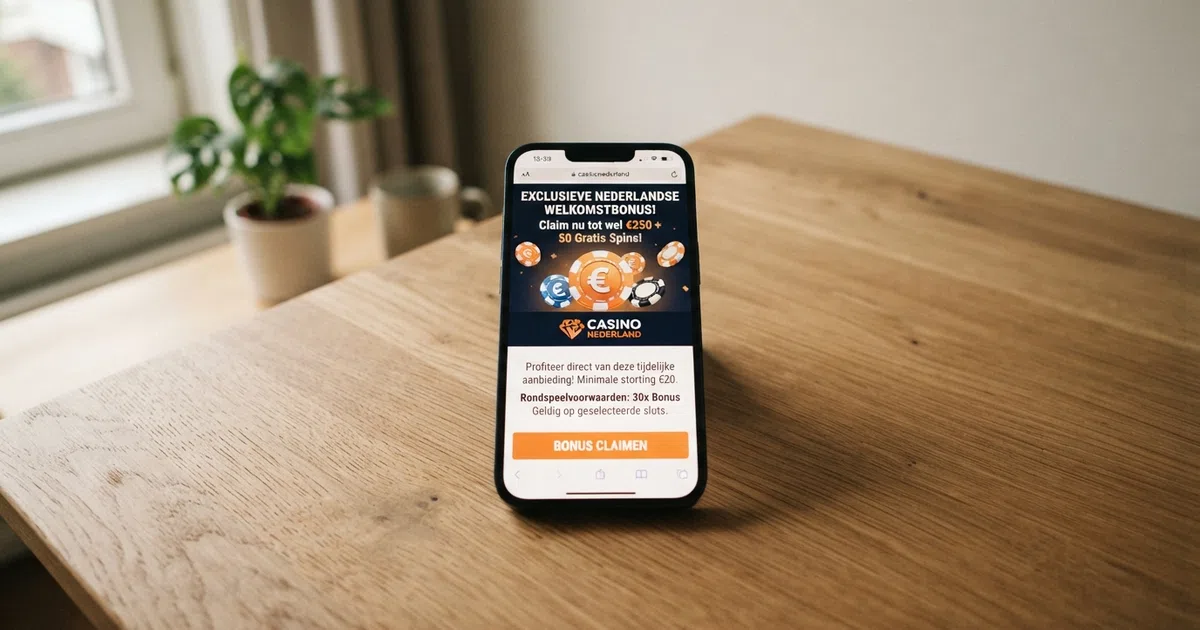 Een close-up van een Nederlands online casino bonusscherm met daarop voorwaarden, rondspeelvoorwaarden en een claimknop zichtbaar naast het bonusbedrag