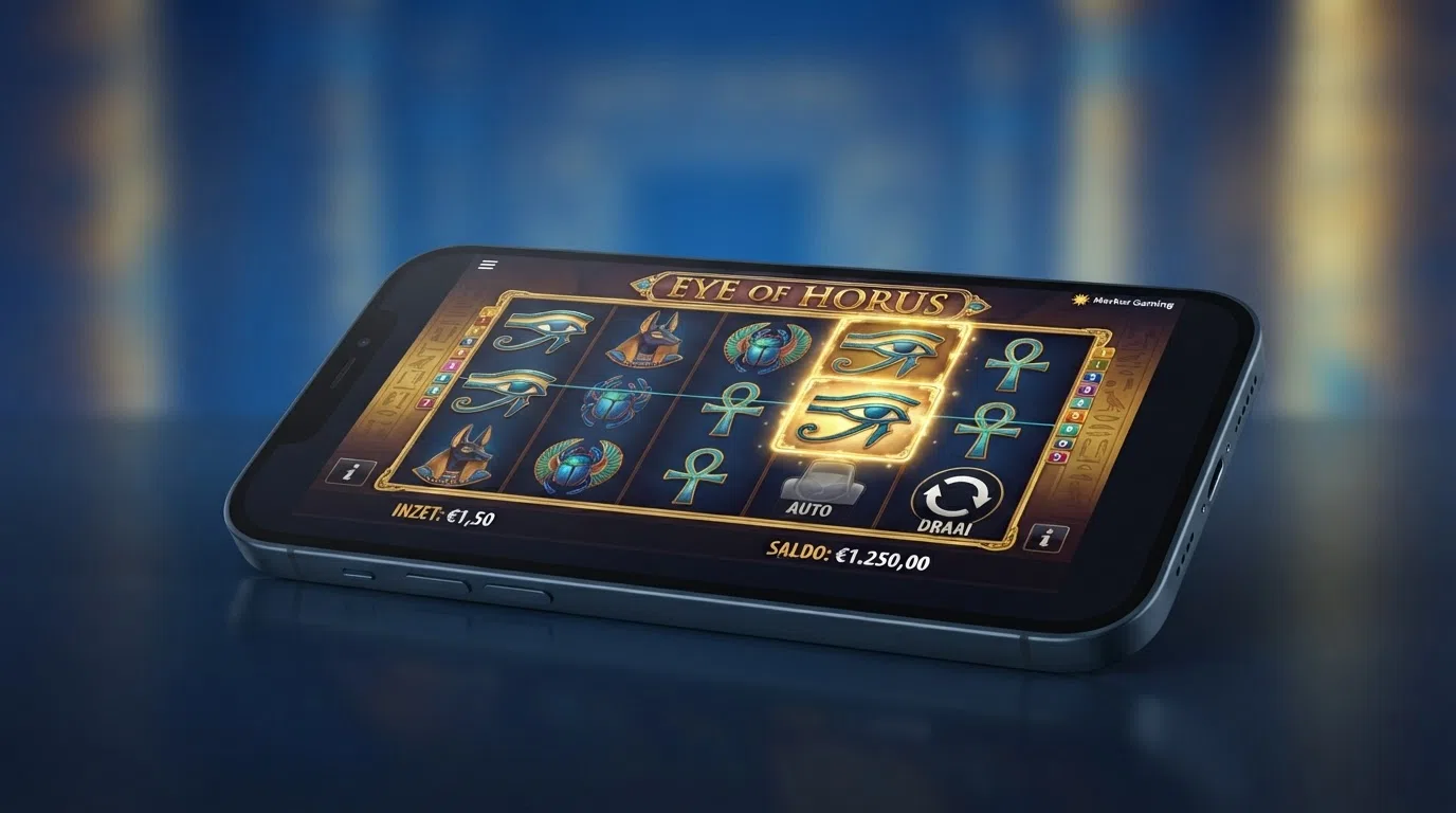 Het speelscherm van de Eye of Horus slot van Merkur Gaming met Egyptische symbolen op vijf rollen en tien winlijnen