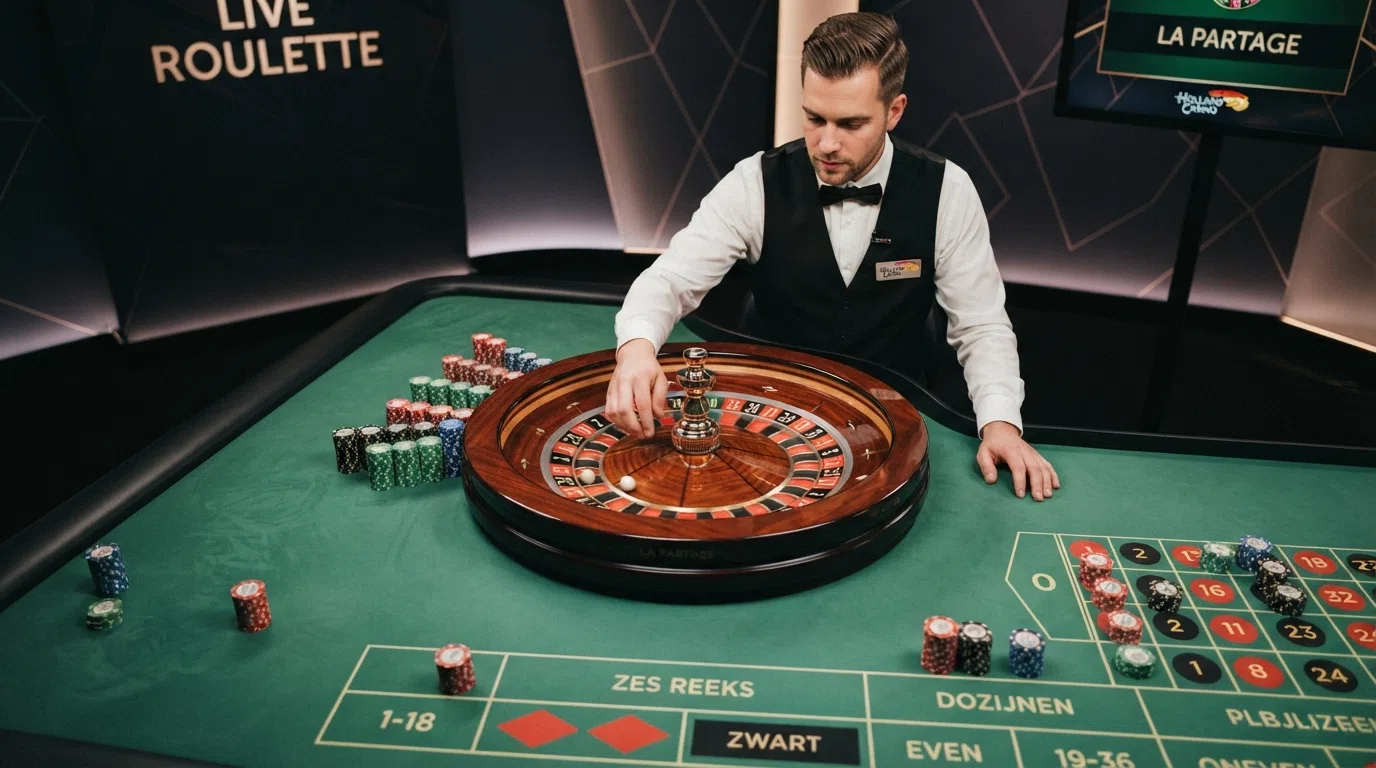 Close-up van een live French Roulette tafel met het enkelvoudige nul-wiel en een croupier die de bal plaatst.