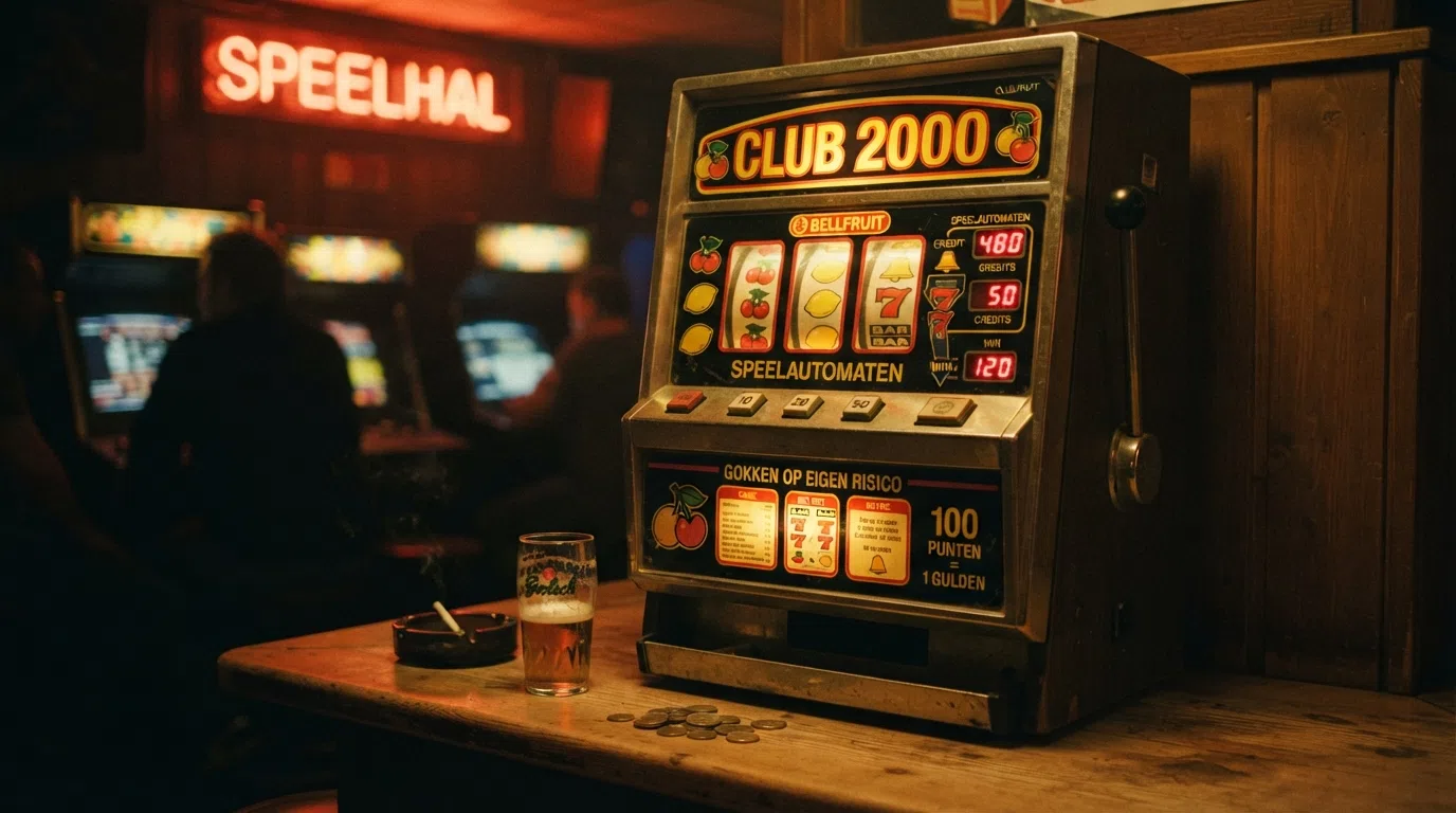 Een originele fysieke Bellfruit Club 2000 fruitautomaat zoals aangeboden op Marktplaats, met de klassieke behuizing, hendel en drie rollen uit de jaren 80.