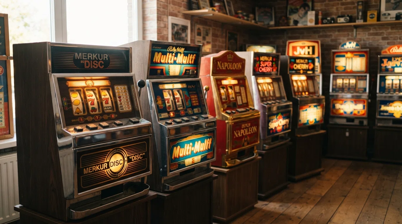 Een rijtje fysieke fruitautomaten van verschillende merken, waaronder Merkur en Bally Wulff, opgesteld in een verzamelruimte of showroom