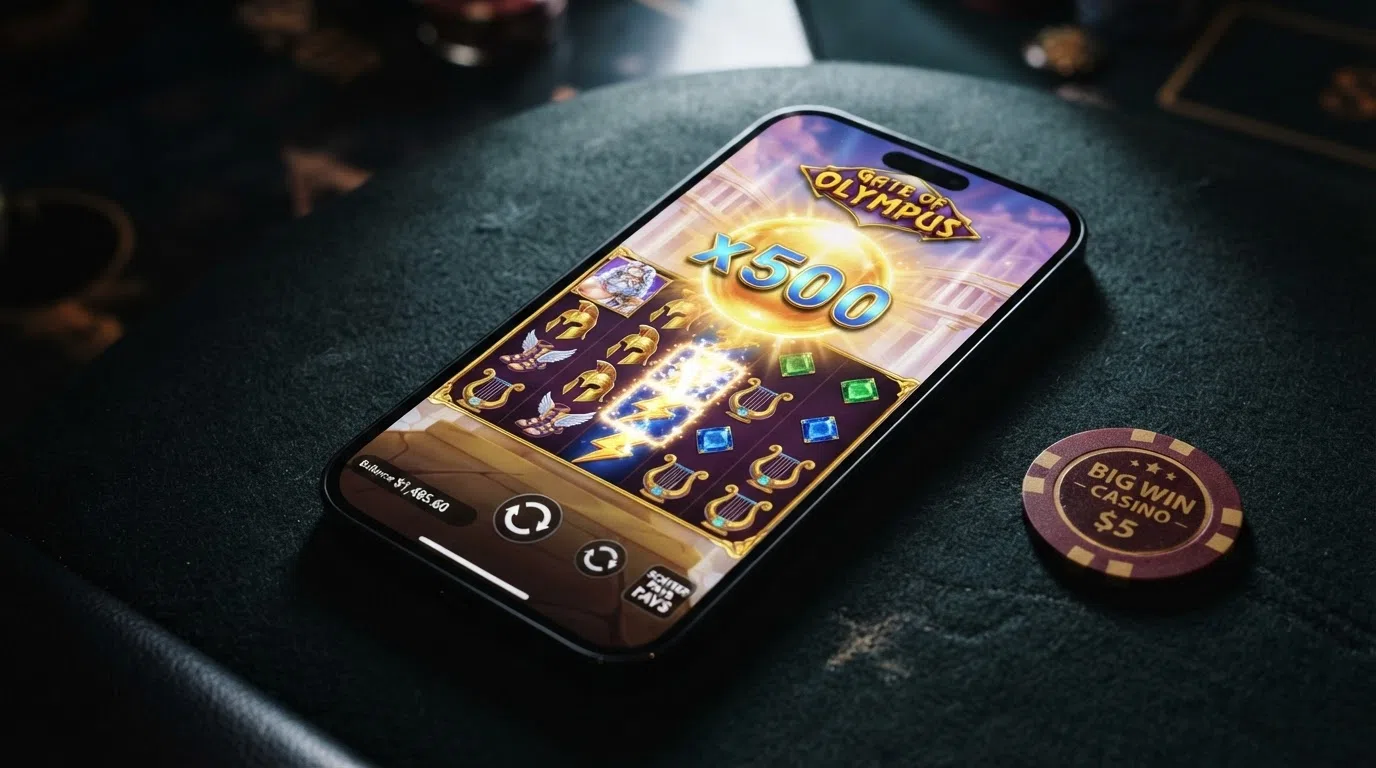 Een schermafbeelding van Gates of Olympus met een actieve multiplier-orb van 500x en het scatter-pays-grid zichtbaar.