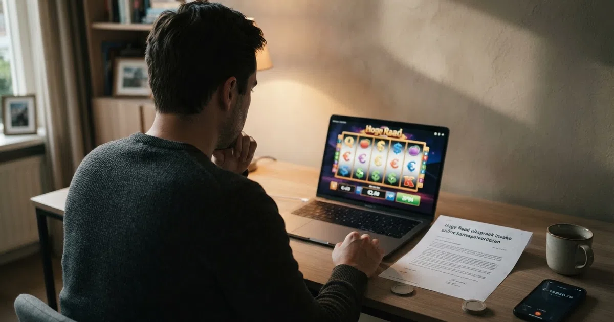 Een Nederlandse speler kijkt naar een computerscherm met een online casino-interface en een document met de titel “Hoge Raad uitspraak” ernaast op tafel — de spanning tussen gokken en je recht halen in één beeld
