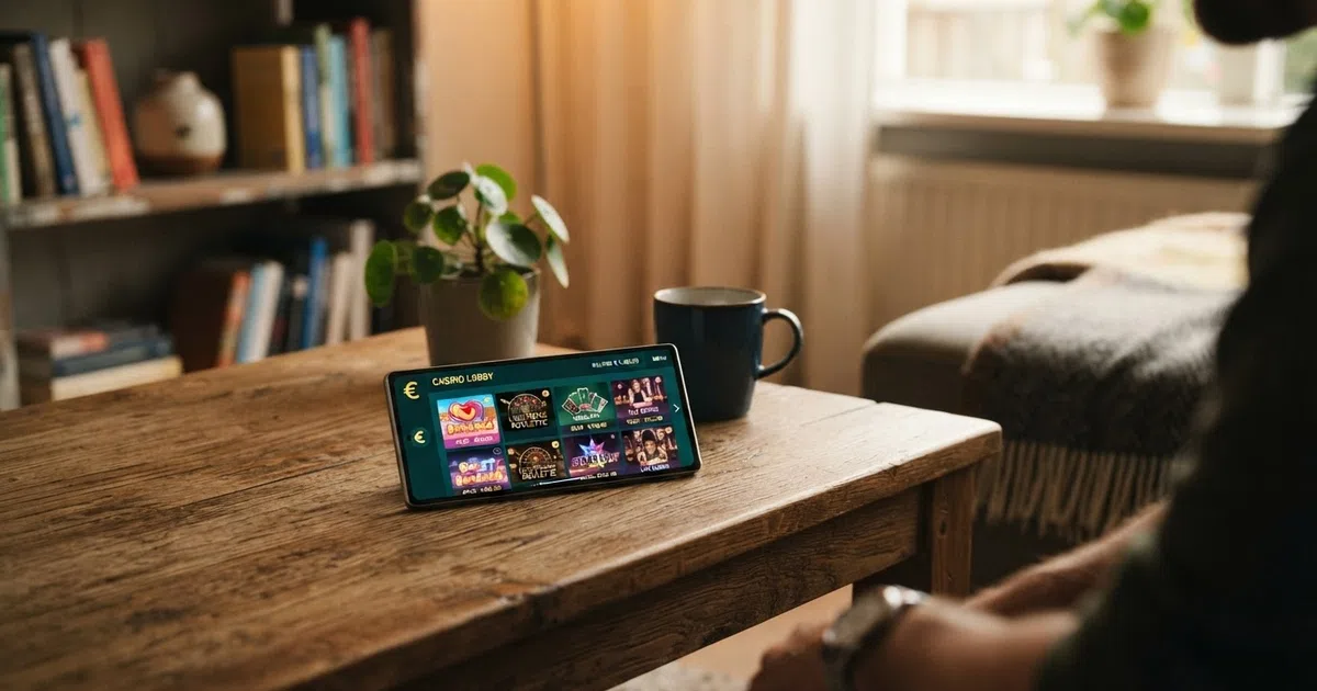 Een laptop toont de lobby van een online casino met verschillende speltegels en een saldoweergave in euro's.