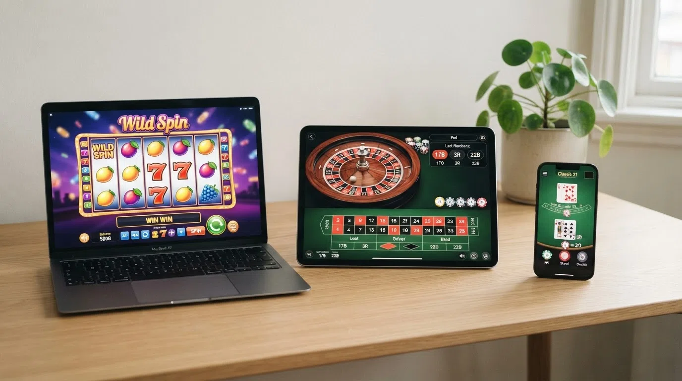 Een selectie van drie verschillende gratis casinospellen op een scherm: een kleurrijke videoslot, een roulettetafel en een blackjack-hand, naast elkaar getoond