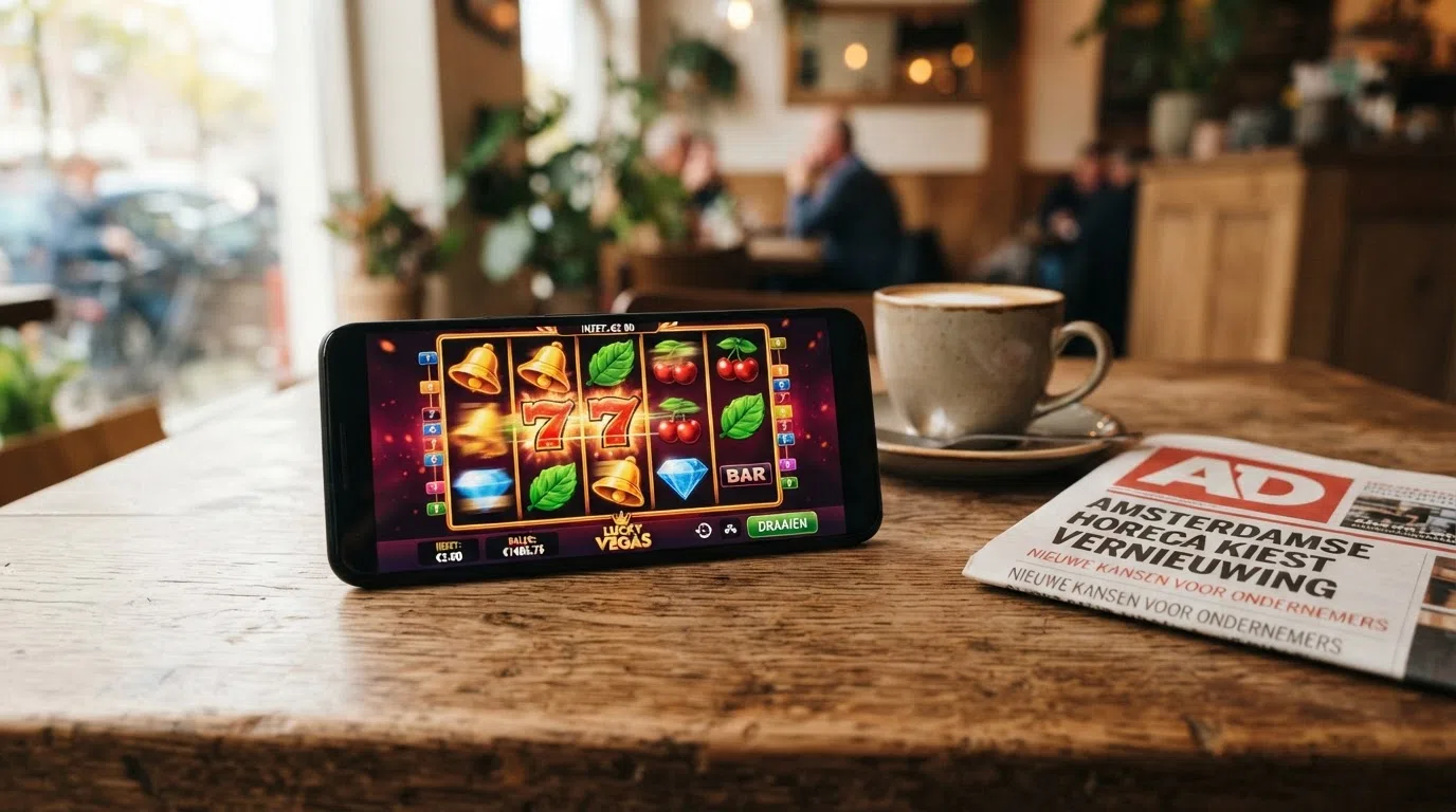 Een online gokkast op een smartphone in landschapmodus, speelbaar via de mobiele browser zonder geïnstalleerde app