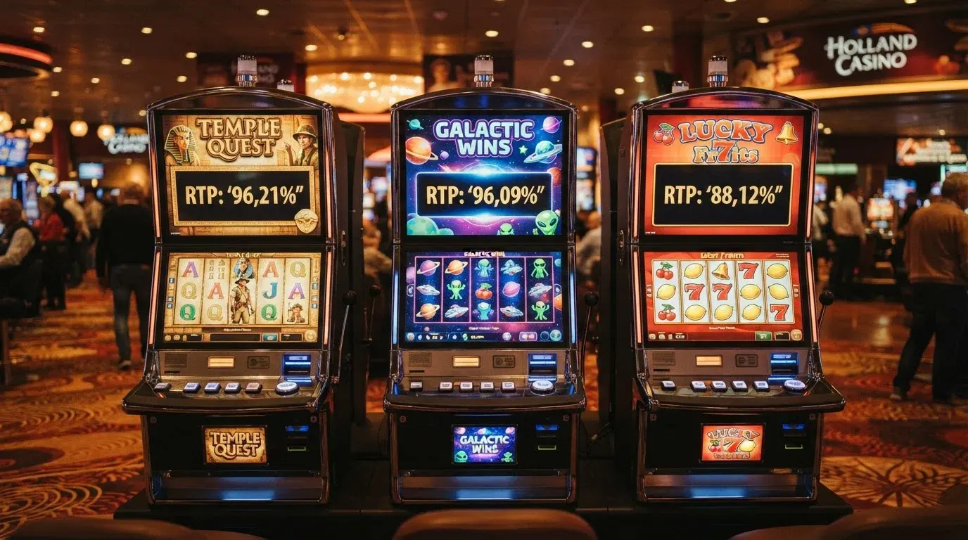 Book of Dead, Starburst en Mega Moolah slotmachines naast elkaar op een scherm, met RTP-percentages zichtbaar
