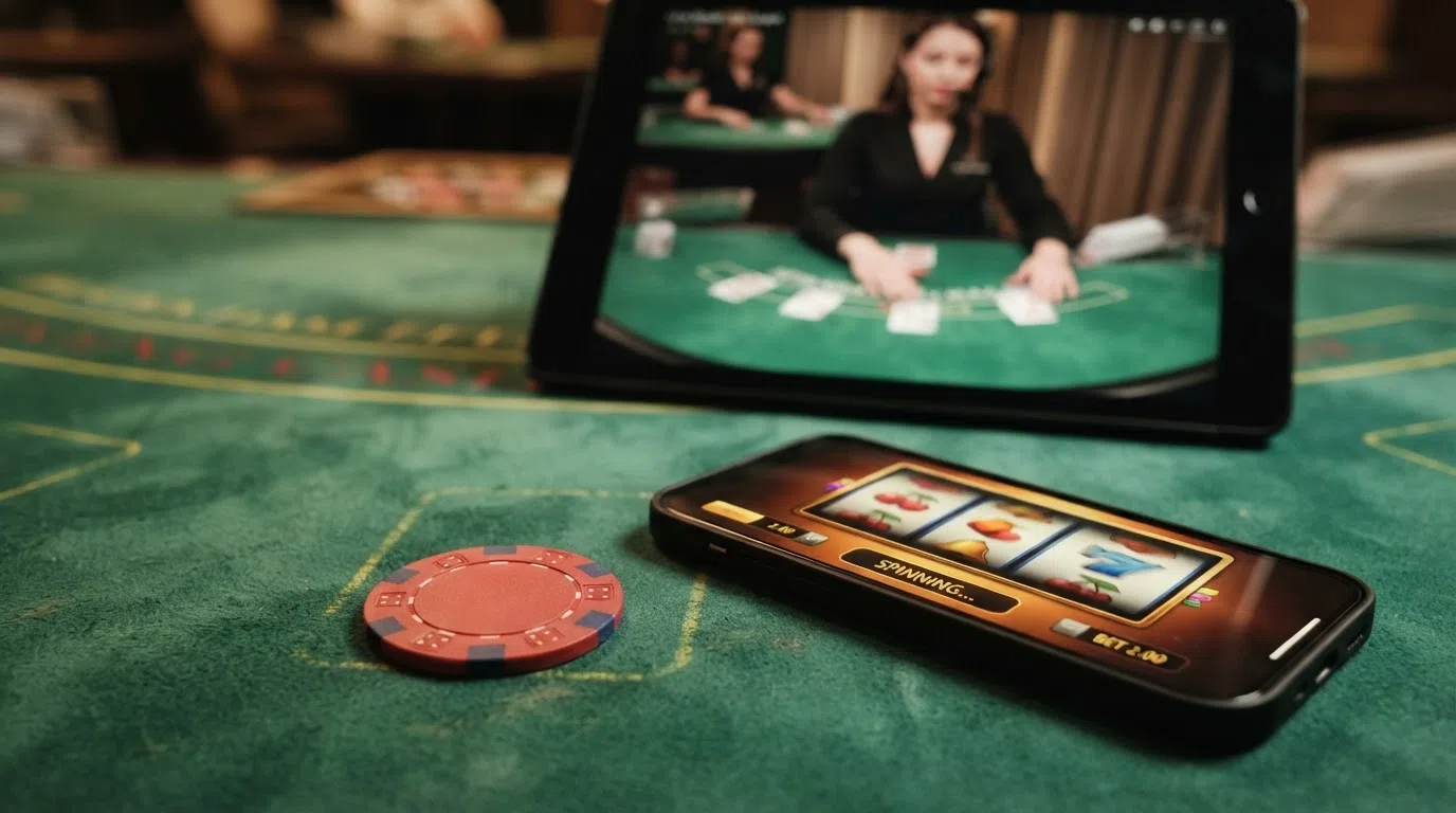 Een grid van slot-iconen en een live-dealertafel, met een waarschuwingsteken in de hoek