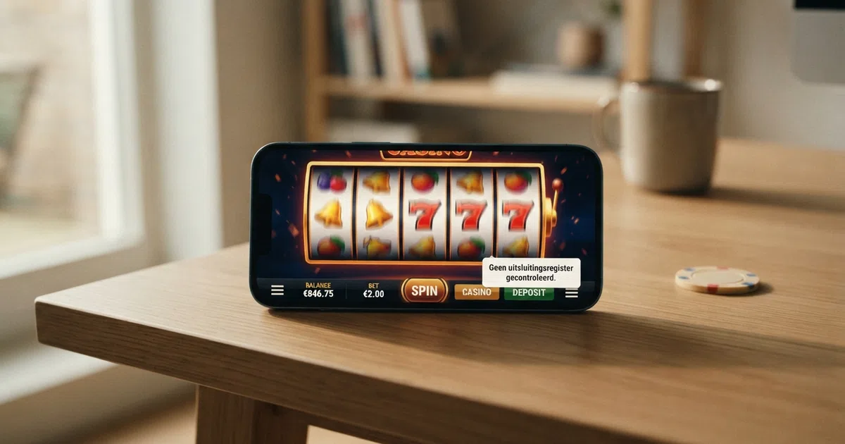 Een online casino-interface op een telefoon, met naast de stortingsknop een melding dat er geen uitsluitingsregister wordt gecontroleerd