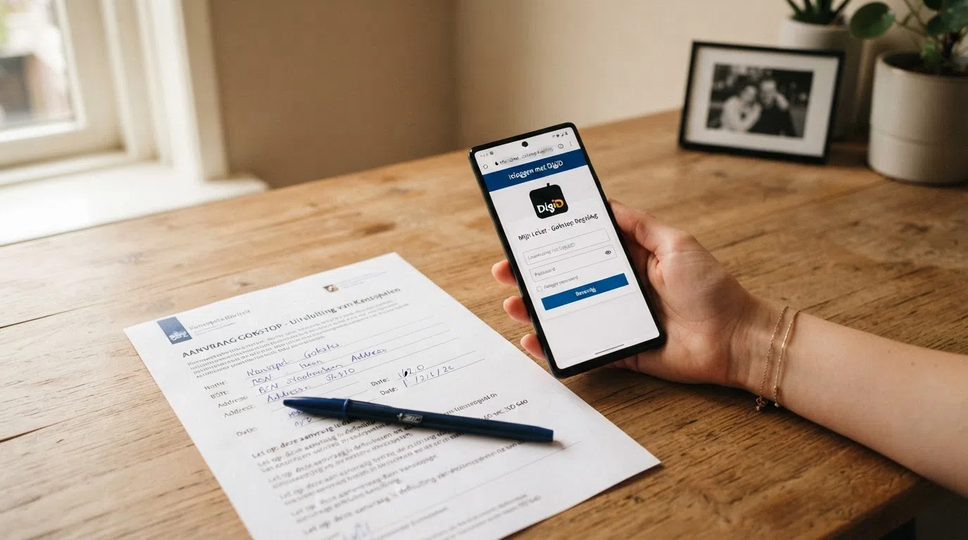 Een DigiD-inlogknop naast een papieren formulier, met een tijdlijn die de verwerkingstijd van beide routes toont