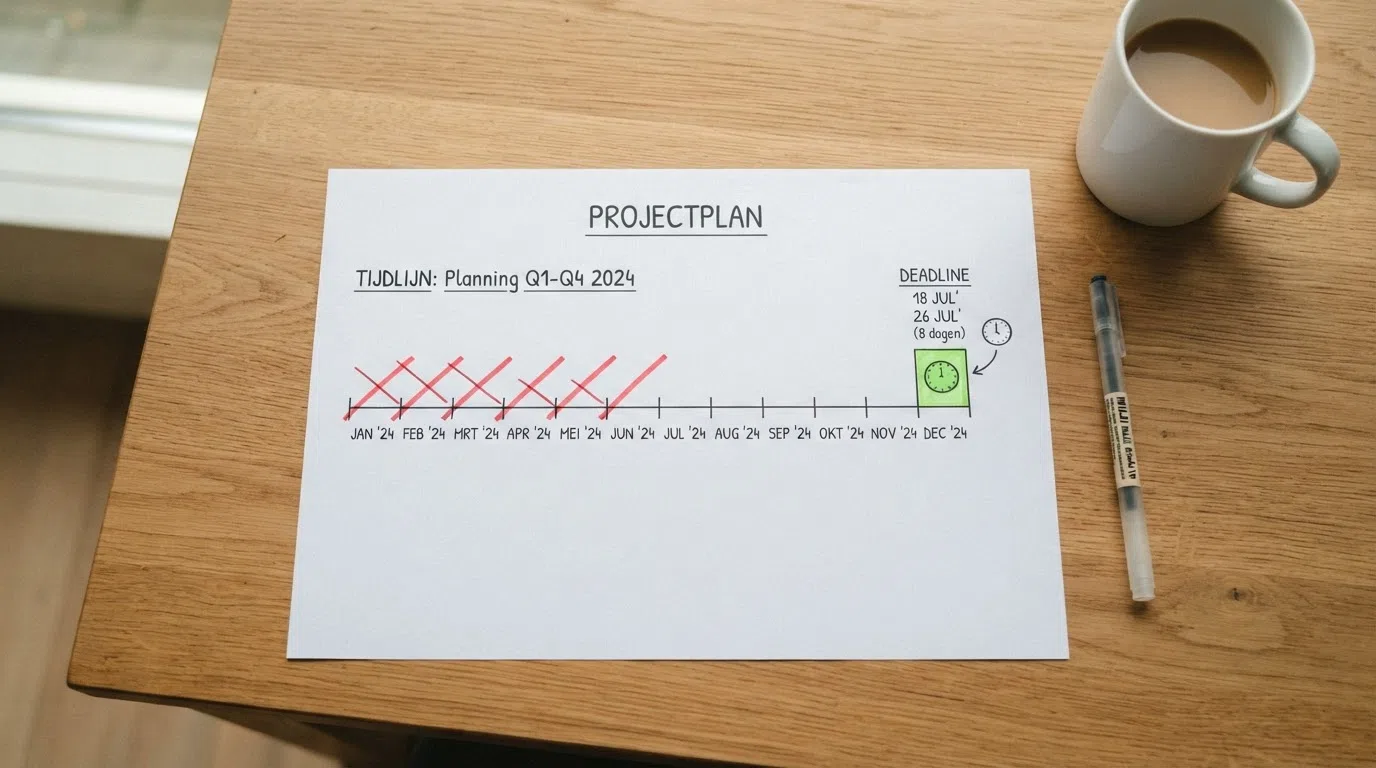 Een kalender met zes doorgestreepte maanden in rood, gevolgd door een groen gearceerd blok van acht dagen, met een klok icoon