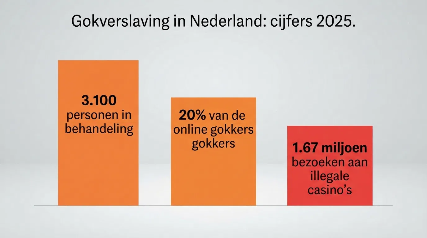 Een staafdiagram met drie balken: 3.100 in behandeling (2025), 20% online risicospelers, 1,67 miljoen maandelijkse bezoeken aan illegale aanbieders — in rood en oranje