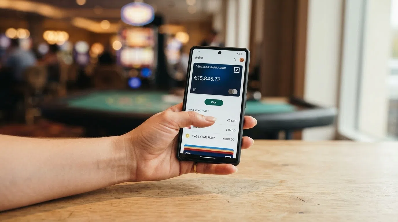 Een hand die een Android-smartphone vasthoudt met Google Wallet geopend, op de achtergrond een casino-interface