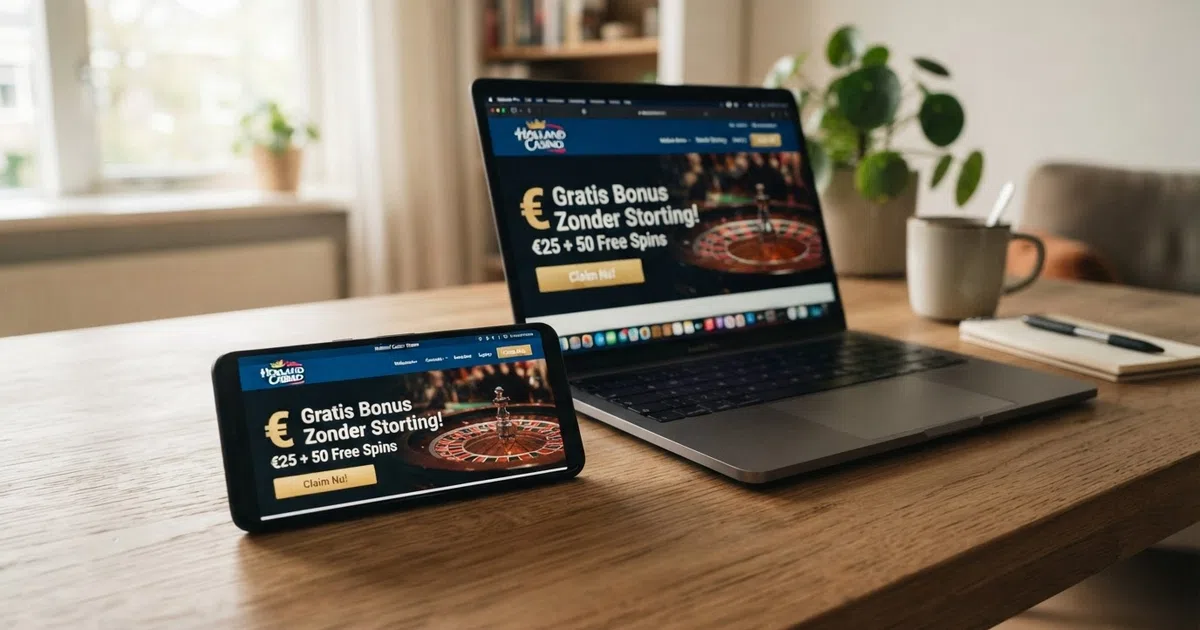 Een smartphone en laptop tonen een Nederlands online casino met een welkomstscherm voor een gratis bonus zonder storting