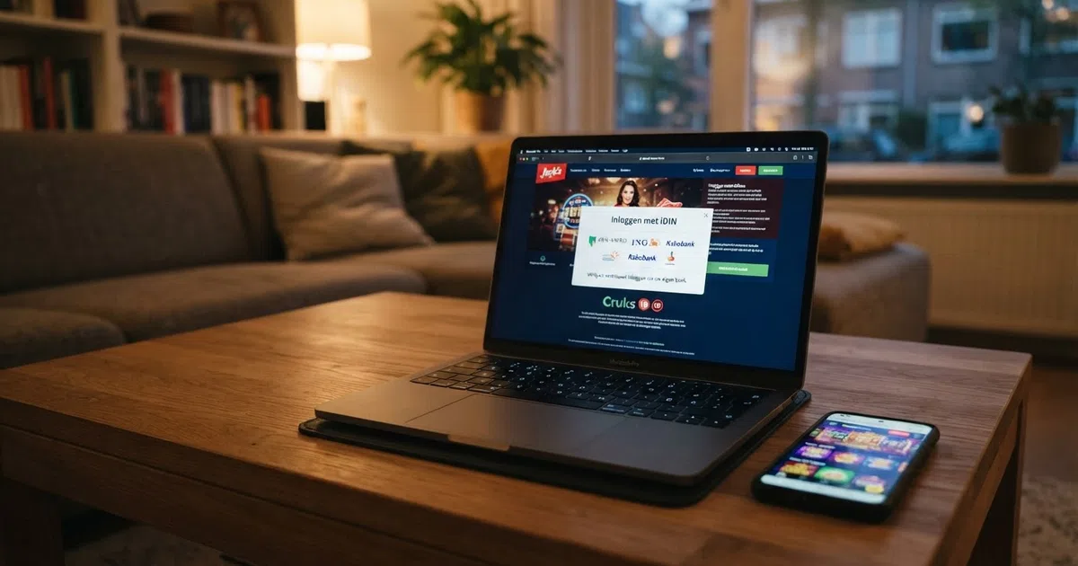 Een laptopscherm met een Nederlands online casino dat vraagt om iDIN-verificatie, naast een smartphone met een buitenlands casino dat direct opent zonder inlogscherm