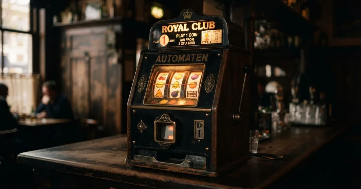 Een close-up van drie klassieke fruitautomaten-rollen met fruit-, BAR- en belsymbolen op een verlicht speelveld, tegen een donkere achtergrond