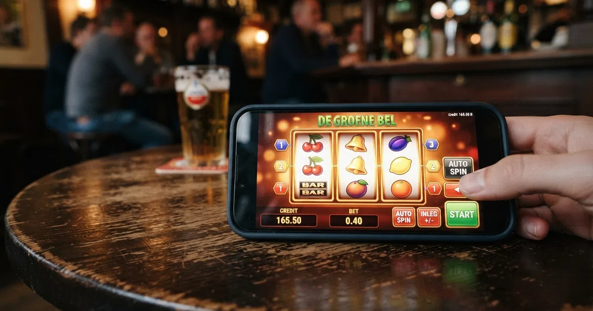 Een smartphone met daarop het scherm van een klassieke fruitautomaat met kersen, citroenen en bellen, tegen een donkere achtergrond met het KSA-logo subtiel zichtbaar