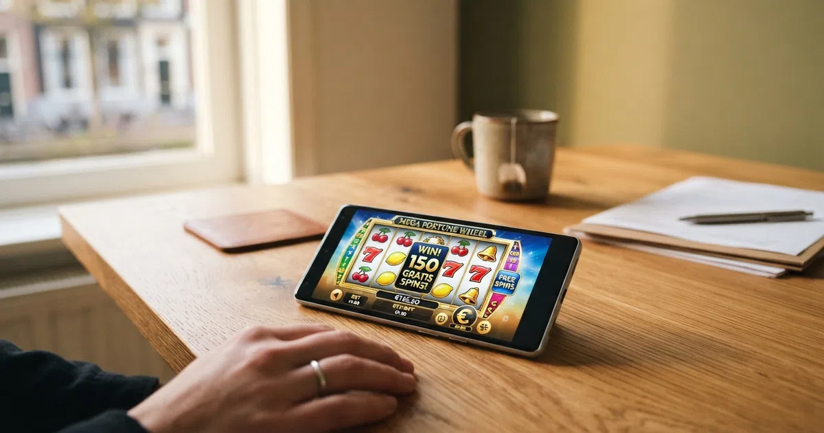 Een Nederlands online casino bonusscherm met gratis spins aanbiedingen op een gokkast, met laptops en telefoons op de achtergrond